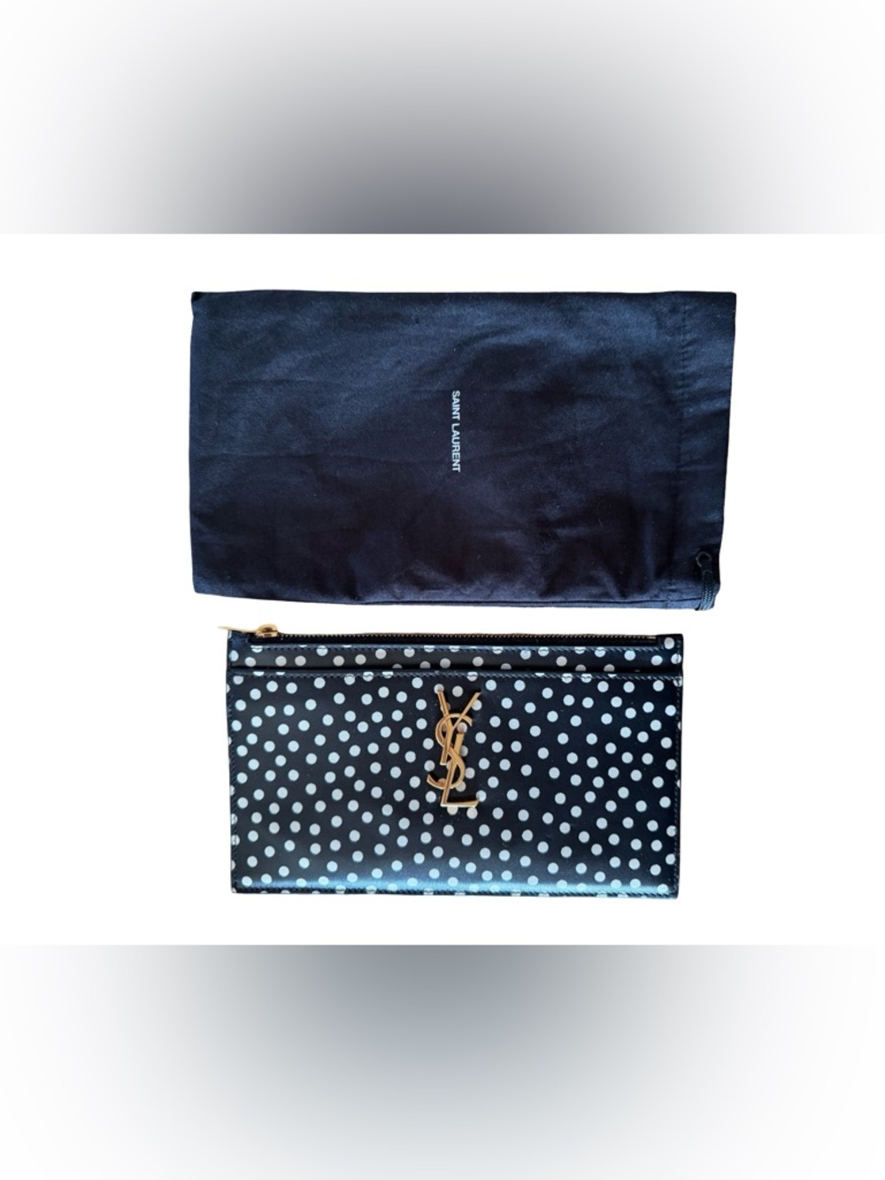 Authentic Saint Laurent Black Polka Dot YSL clutch with Gold Logo. Rare! - Picture 9 of 9